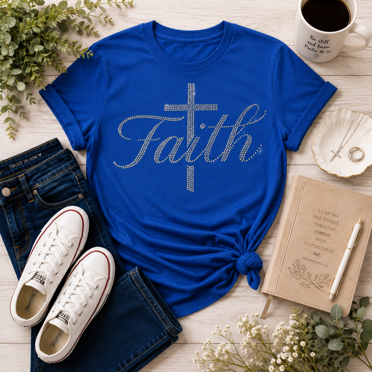 Faith Rhinestone Shirt – Blue Christian Graphic Tee with Pink Iridescent Sparkle