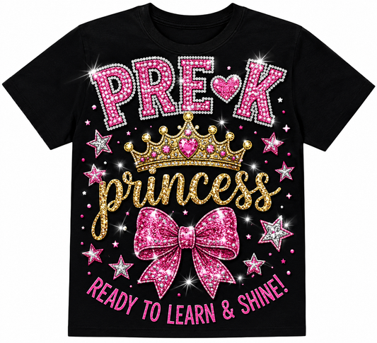 Girls Princess Back to School Shirt | Personalized Pre-K–6th Grade First Day of School Tee | Rhinestone Style Youth T-Shirt