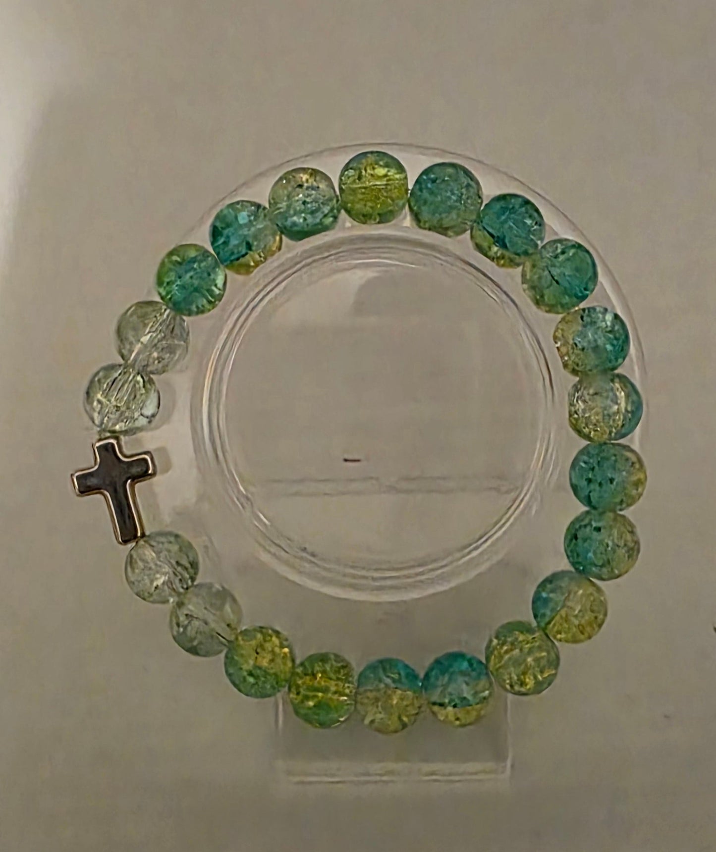 Faith Cross Teal Lime 10mm Glass Bead Bracelet