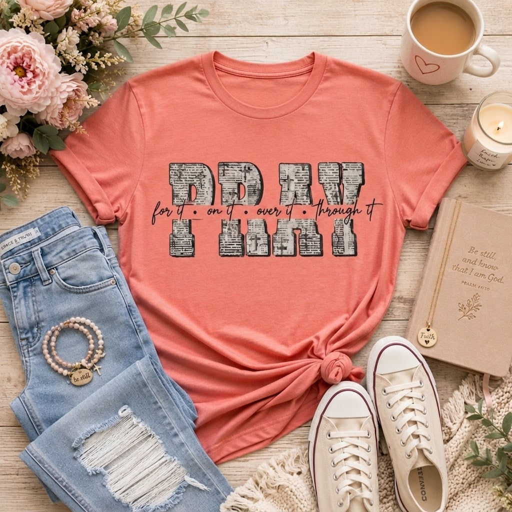 PRAY Christian Graphic Tee – Inspirational Faith Shirt on Natural Gildan Softstyle Tee