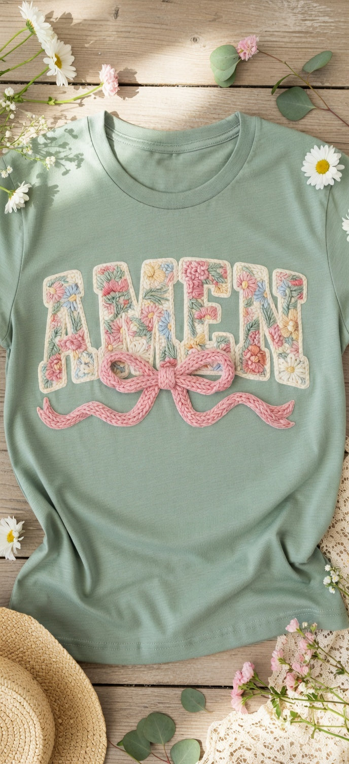 Amen Floral Bow Faith T-Shirt | Christian Women's Graphic Tee | Christian T-Shirt - Inspirational Faith Apparel