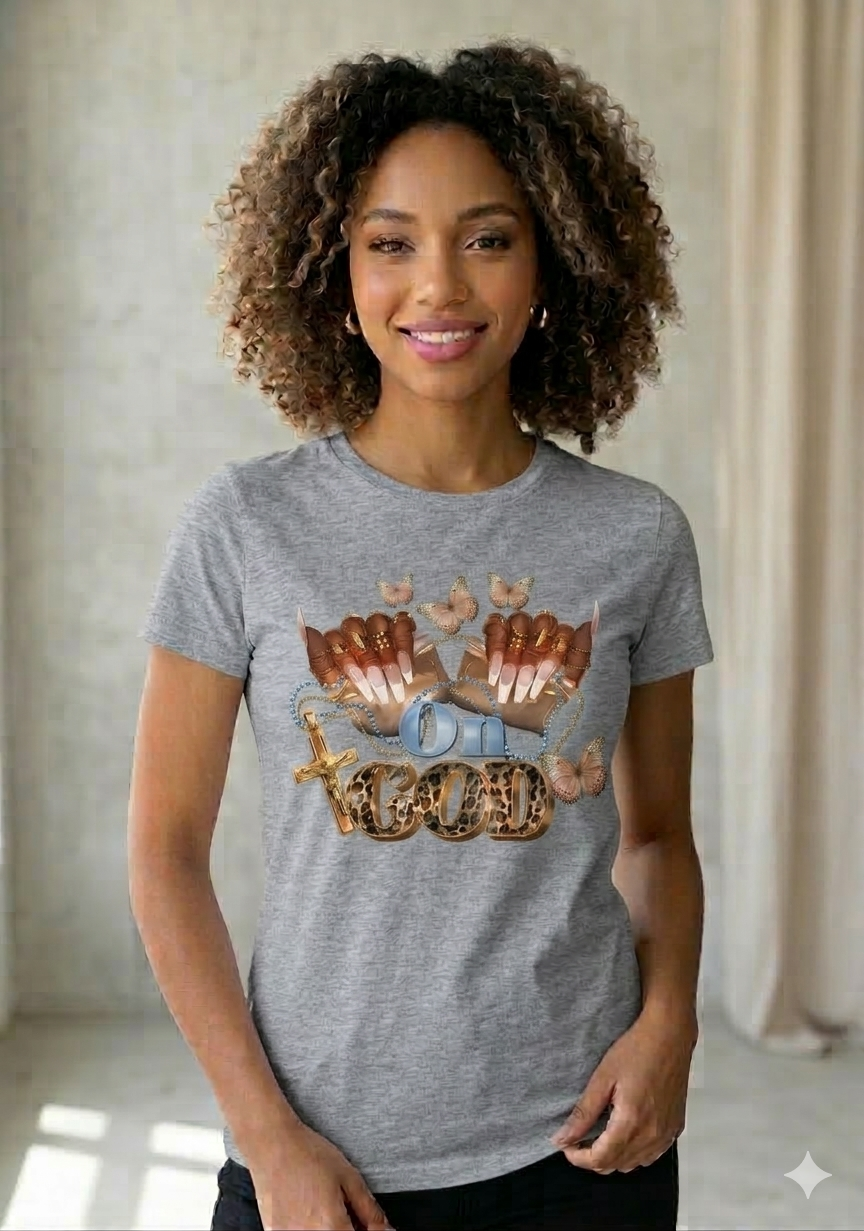 On God Christian Graphic Tee – Leopard Print Faith T-Shirt with Cross & Butterflies | Christian T-Shirt - Inspirational Faith Apparel
