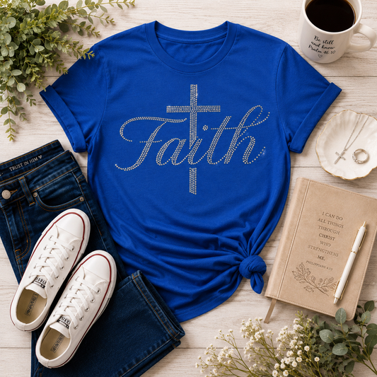Faith Rhinestone Shirt – Blue Christian Graphic Tee with Pink Iridescent Sparkle