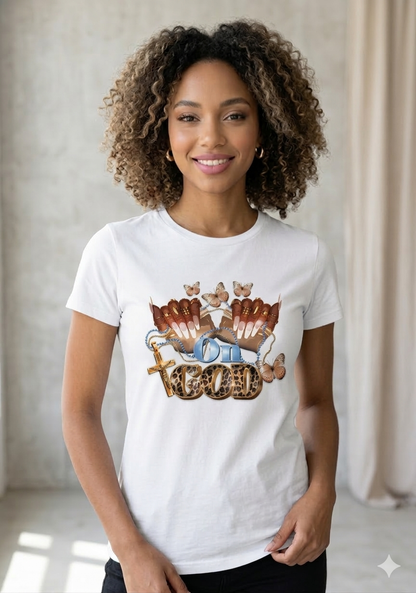 On God Christian Graphic Tee – Leopard Print Faith T-Shirt with Cross & Butterflies | Christian T-Shirt - Inspirational Faith Apparel