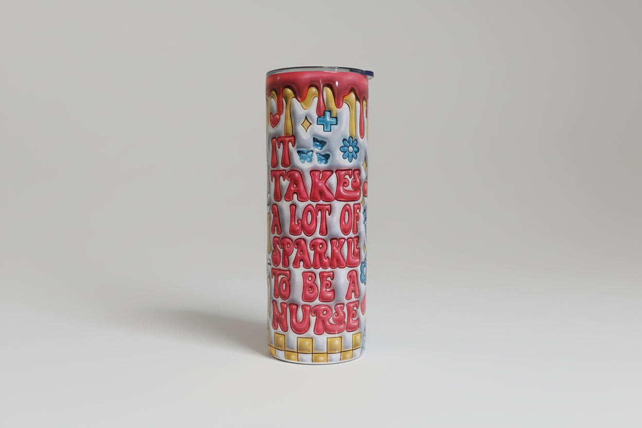 Colorful cylindrical product with text and graphics on a beige background