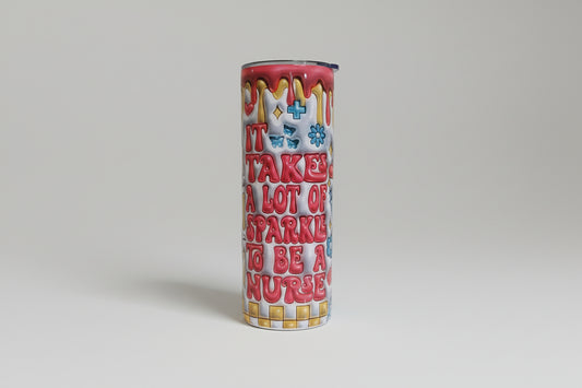 Colorful cylindrical product with text and graphics on a beige background