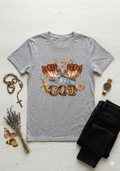 On God Christian Graphic Tee – Leopard Print Faith T-Shirt with Cross & Butterflies | Christian T-Shirt - Inspirational Faith Apparel
