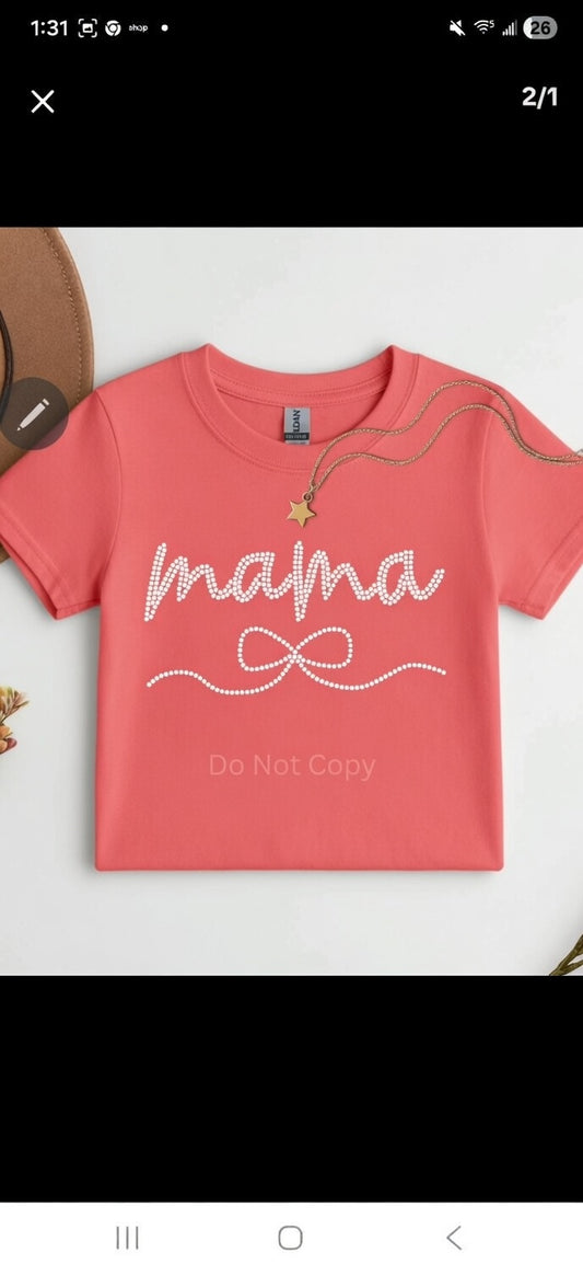 Mama Bow Rhinestone T-Shirt for Women | Pink Mama Shirt with Pearl Bow | Cute Mother’s Day Gift