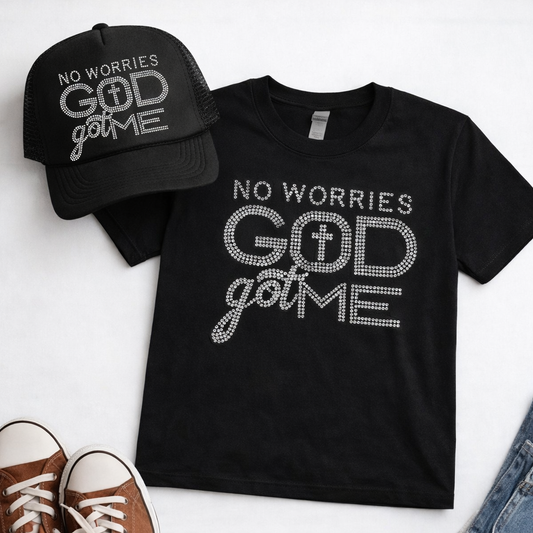 No Worries God Got Me Rhinestone Shirt & Hat Set – Christian Faith Statement Bundle