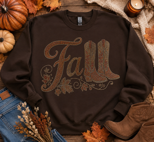 Fall Rhinestone Crewneck Sweatshirt | Chocolate Brown Western Fall Shirt | Sparkly Cowboy Boot Autumn Sweatshirt