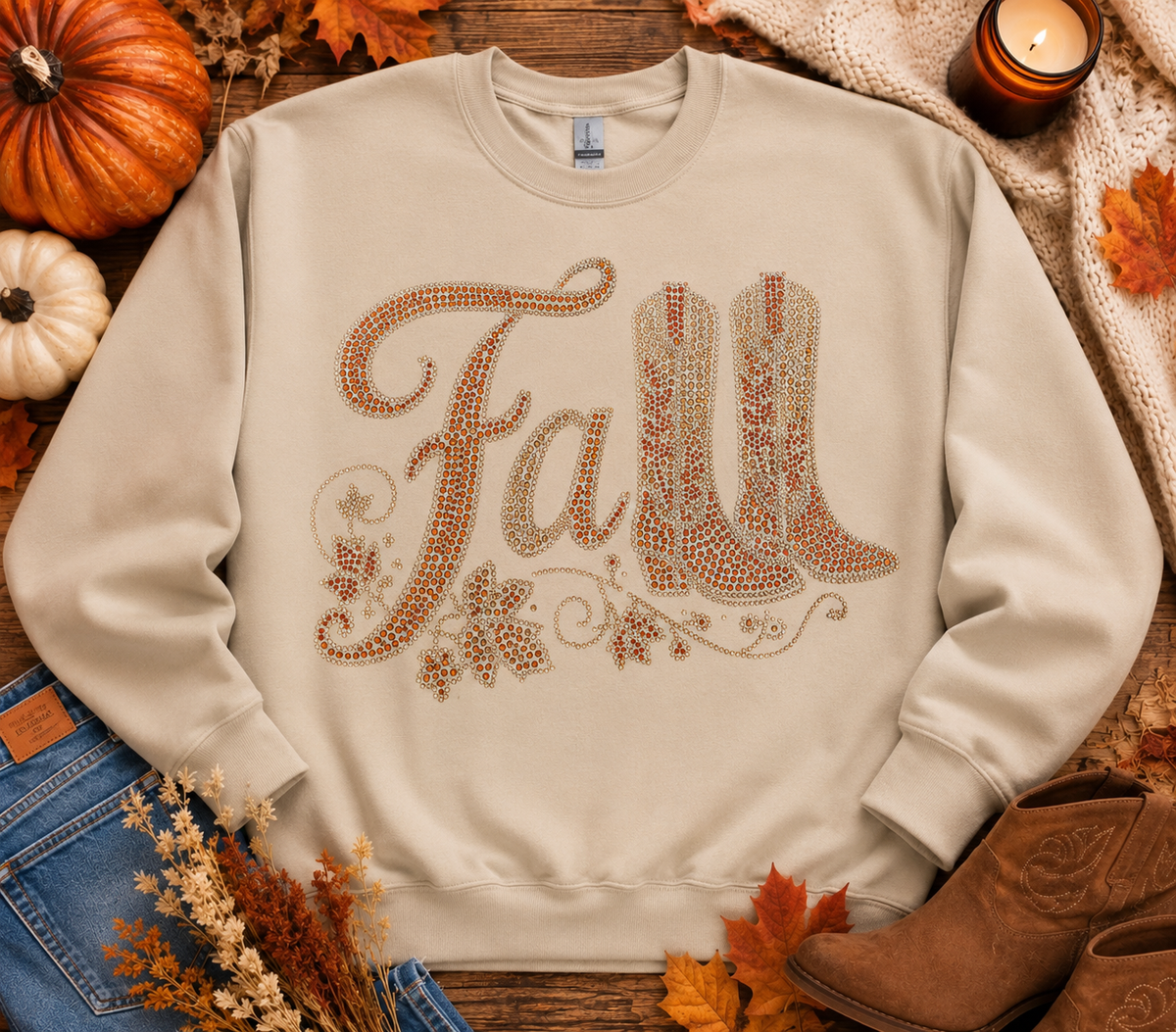 Fall Rhinestone Crewneck Sweatshirt | Chocolate Brown Western Fall Shirt | Sparkly Cowboy Boot Autumn Sweatshirt