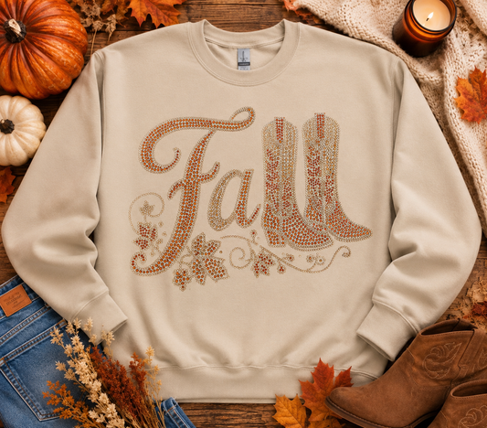 Fall Rhinestone Crewneck Sweatshirt | Chocolate Brown Western Fall Shirt | Sparkly Cowboy Boot Autumn Sweatshirt