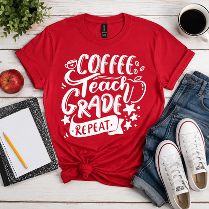 Coffee Teach Grade Repeat Teacher Shirt | Funny Teacher T-Shirt | Back to School Gift | Teacher Appreciation Tee | Coffee Lover Shirt