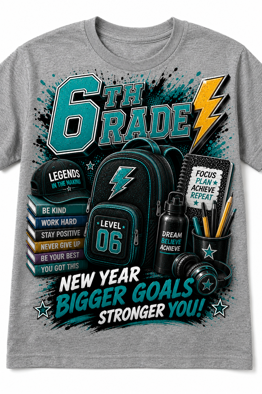 Back to School Grade Level T-Shirt Collection | Pre-K–6th Grade First Day of School Graphic Tees | Image Enlarged to Show Detail