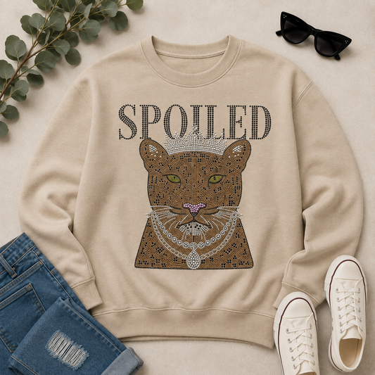 Spoiled Rhinestone Leopard Sweatshirt – Sand Crewneck with Crown Bling Design