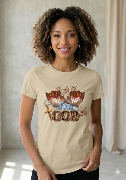 On God Christian Graphic Tee – Leopard Print Faith T-Shirt with Cross & Butterflies | Christian T-Shirt - Inspirational Faith Apparel