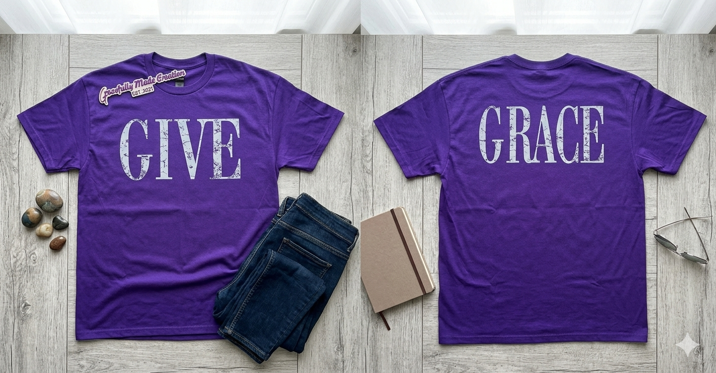 Give Grace Purple Graphic Tee Set | Distressed Front & Back T-Shirt