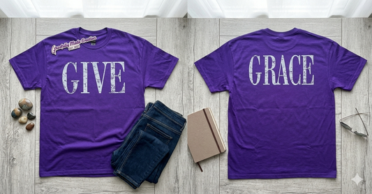 Give Grace Purple Graphic Tee Set | Distressed Front & Back T-Shirt