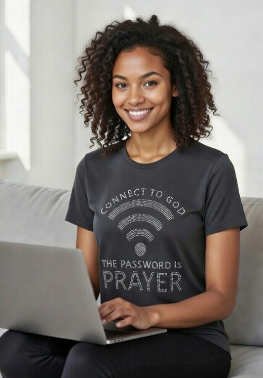 woman wearing dark grey Christian T-shirt with message "Connect to God - The Password is Prayer" and wi-fi symbol design