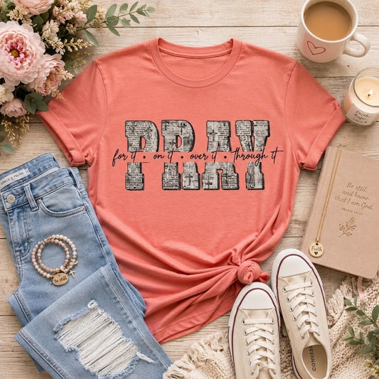 PRAY Christian Graphic Tee – Inspirational Faith Shirt on Natural Gildan Softstyle Tee