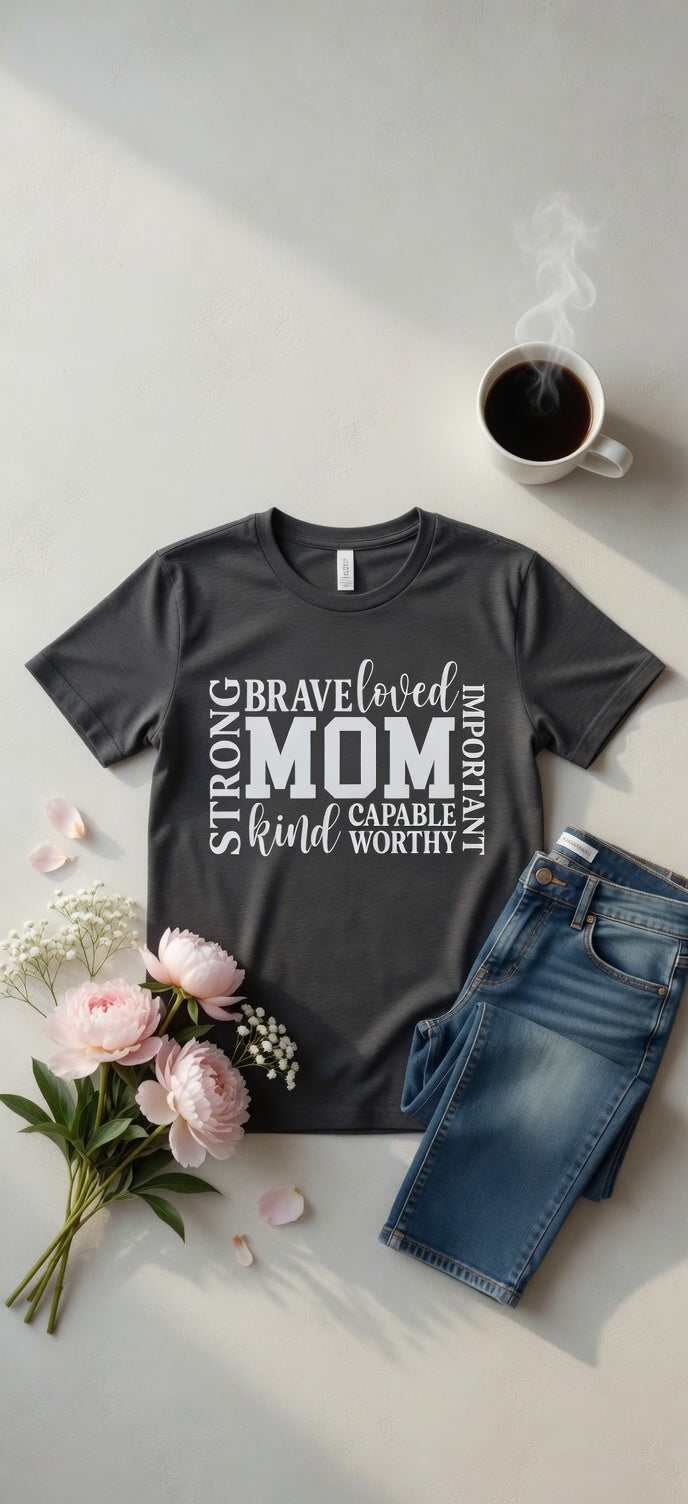 Strong Brave Loved Mom Graphic Tee | Mother's Day Affirmation T-Shirt