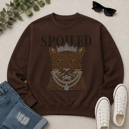 Spoiled Rhinestone Leopard Sweatshirt – Sand Crewneck with Crown Bling Design